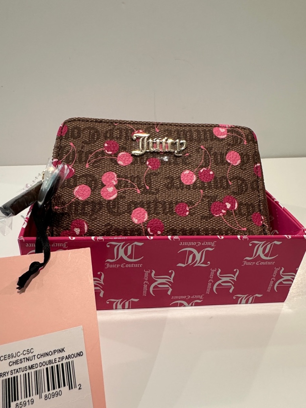 NWT Juicy Couture Taupe Monogram Coated Canvas Cherry Double Zipper wallet.